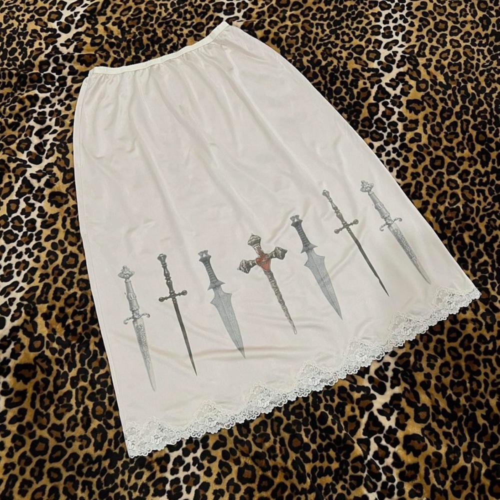 White Lace-Hem Midi Skirt with Sword Print